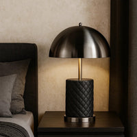 Aria 21 Inch Table Lamp, Round, Dome Shade, Dark Silver, Black Faux Leather - BM309066