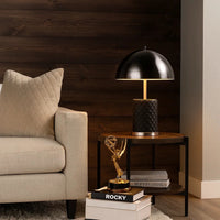 Aria 21 Inch Table Lamp, Round, Dome Shade, Dark Silver, Black Faux Leather - BM309066