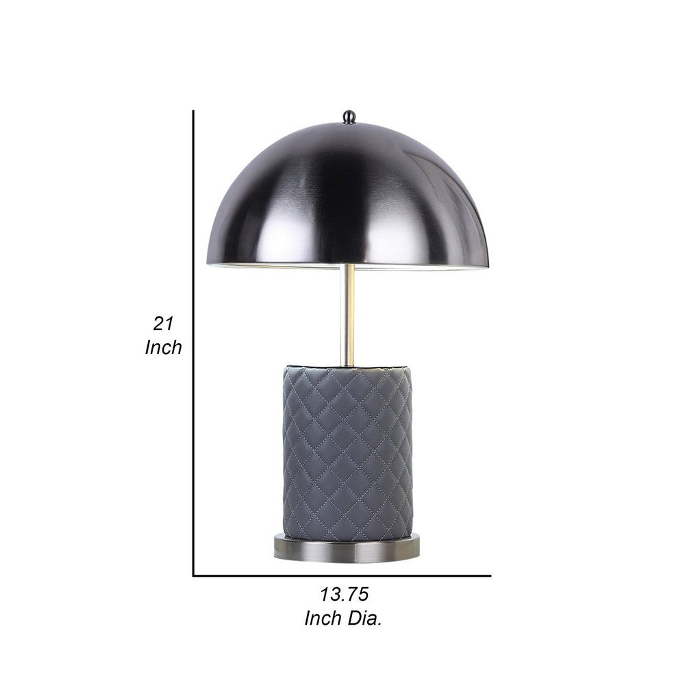 Aria 21 Inch Table Lamp, Dome Shade, Round, Gray Faux Leather, Dark Silver - BM309067