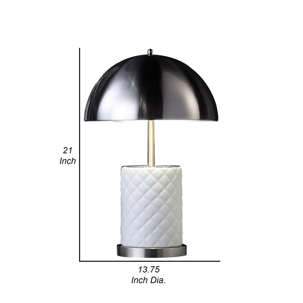 Aria 21 Inch Table Lamp, Round, Dome Shade, Dark Silver, White Faux Leather - BM309068