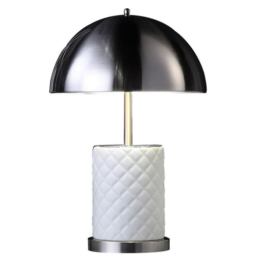 Aria 21 Inch Table Lamp, Round, Dome Shade, Dark Silver, White Faux Leather - BM309068