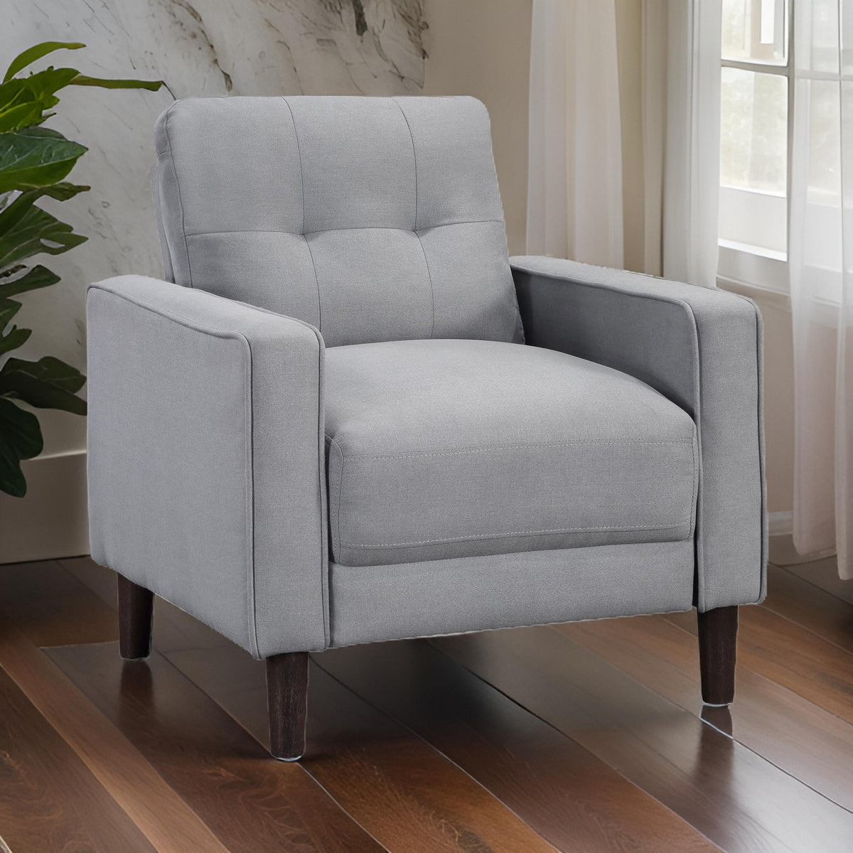 Bow 32 Inch Accent Chair, Grid Tufted, Track Arms, Self Welt Trim, Gray - BM309144