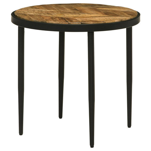 21 Inch Side End Table, Round Top, Black Tapered Legs, Mango Wood, Brown - BM309147