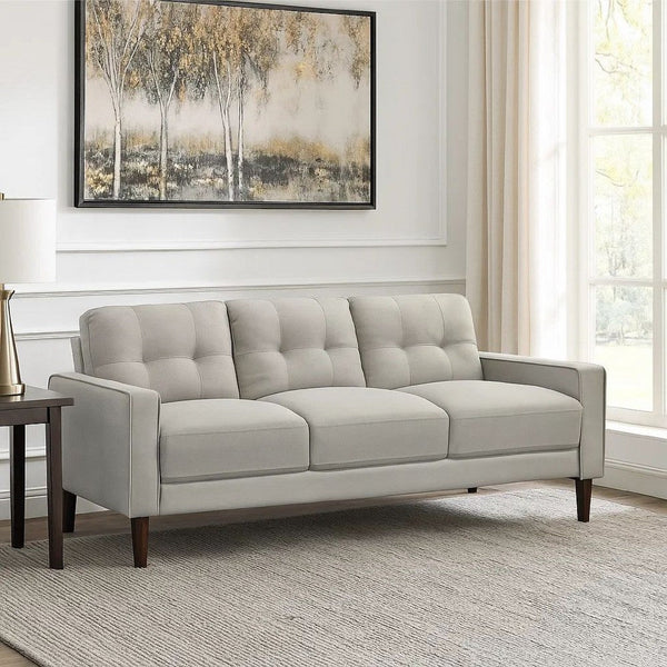 Bow 77 Inch Sofa, Grid Tufted Back, Track Arms, Self Welt Trim, Beige - BM309148