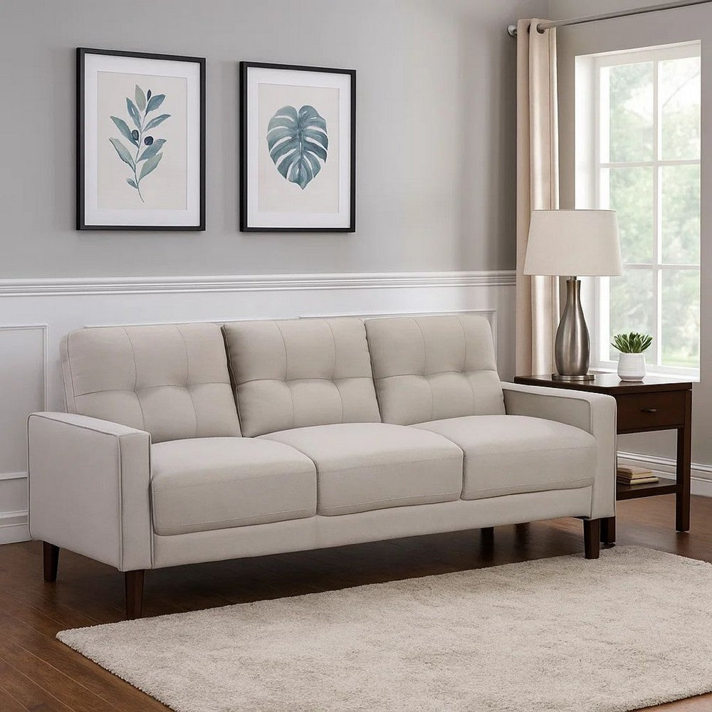 Bow 77 Inch Sofa, Grid Tufted Back, Track Arms, Self Welt Trim, Beige - BM309148