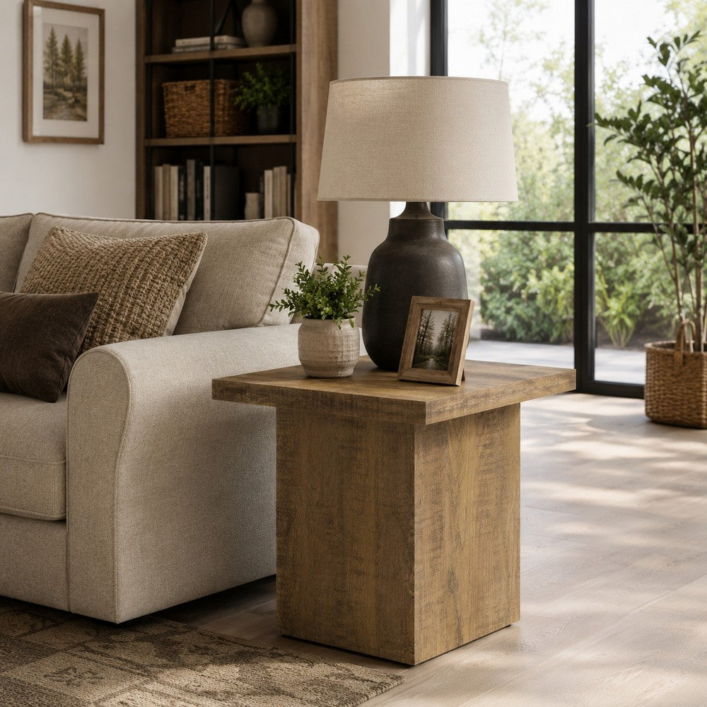 Zet 24 Inch Square End Table with Oversized Block Base, Mango Brown - BM309151