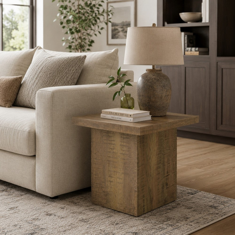 Zet 24 Inch Square End Table with Oversized Block Base, Mango Brown - BM309151