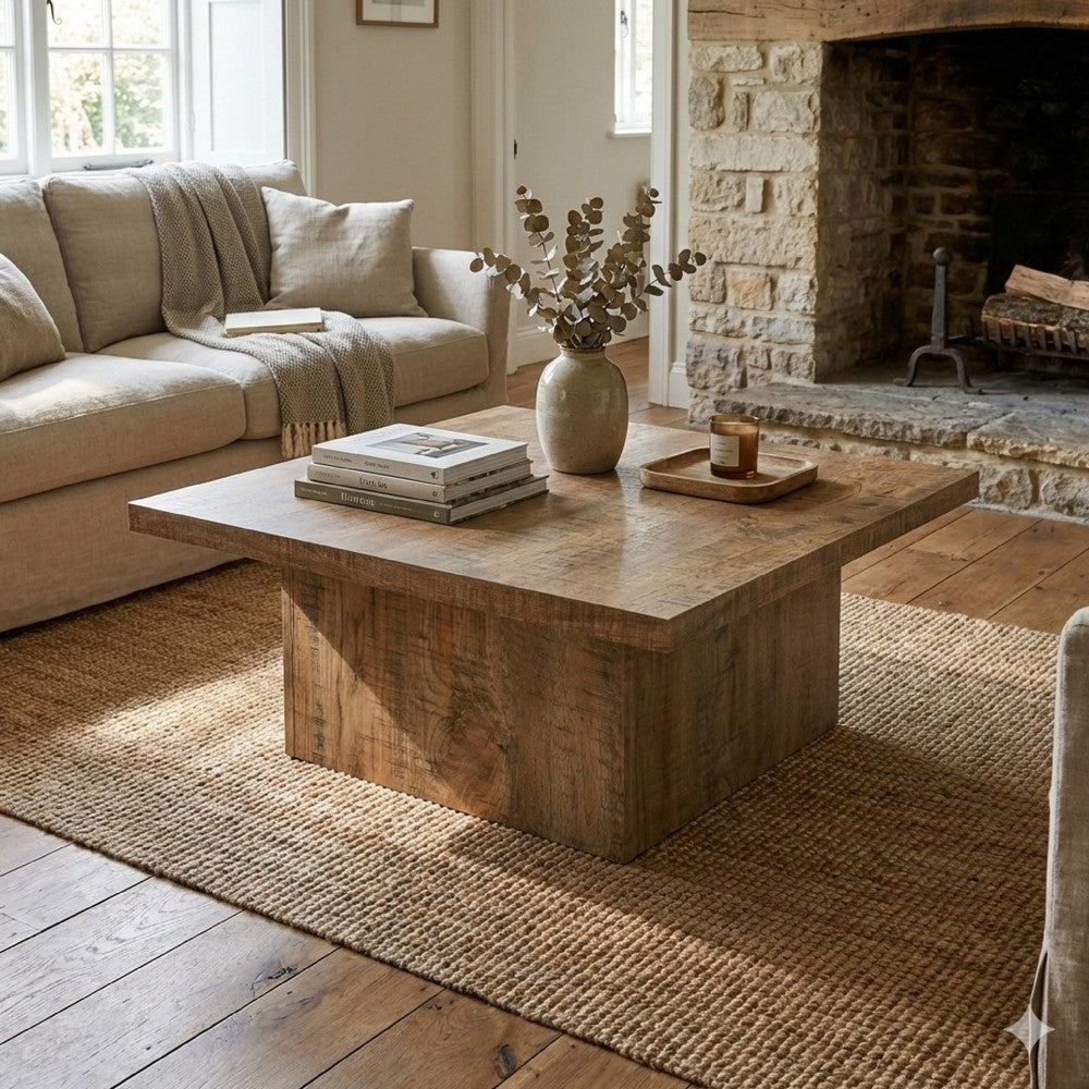 Zet 36 Inch Square Coffee Table with Oversized Block Base, Mango Brown - BM309152