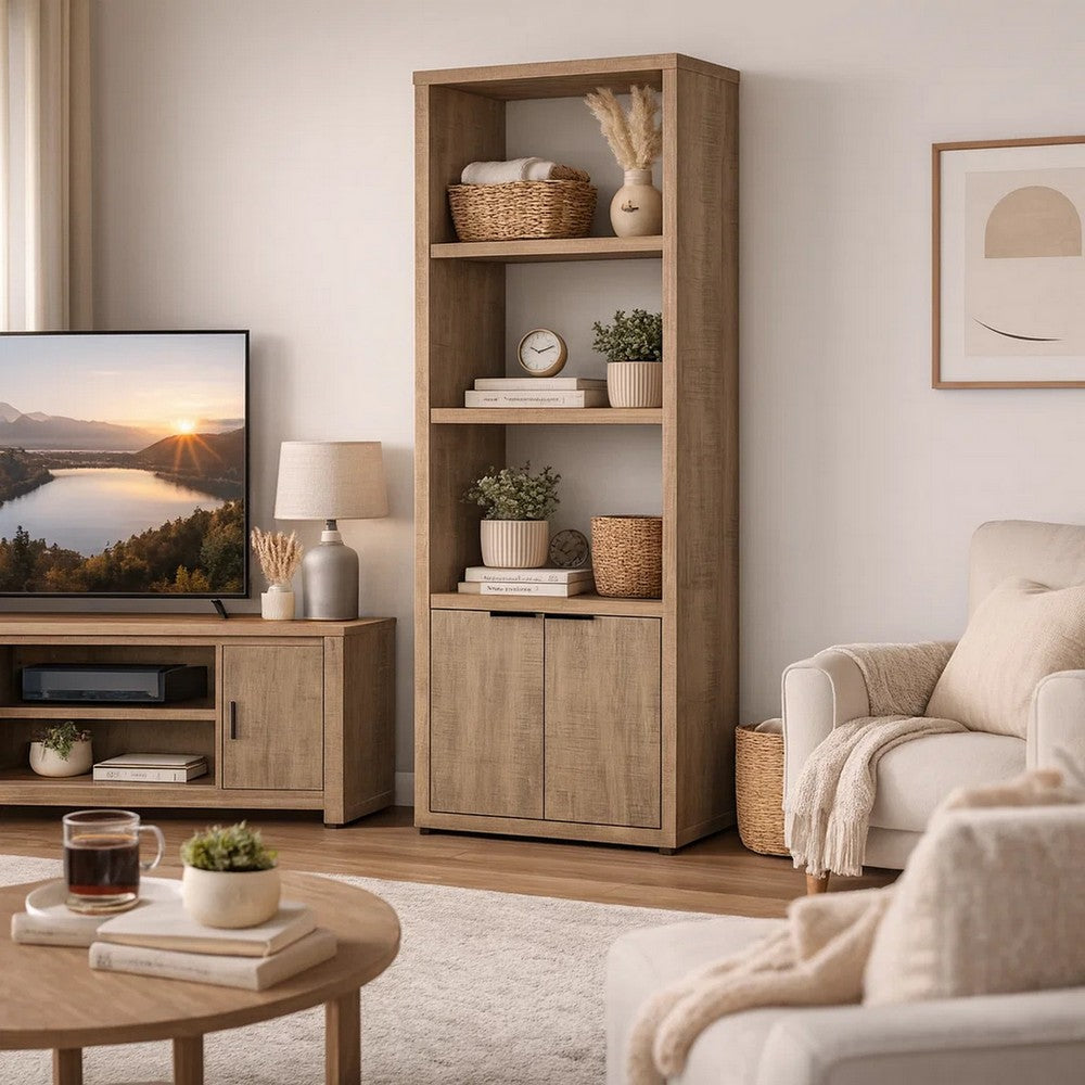 Tag 71 Inch Media Tower with 3 Shelves, 2 Doors, MDF Wood, Mango Brown - BM309153