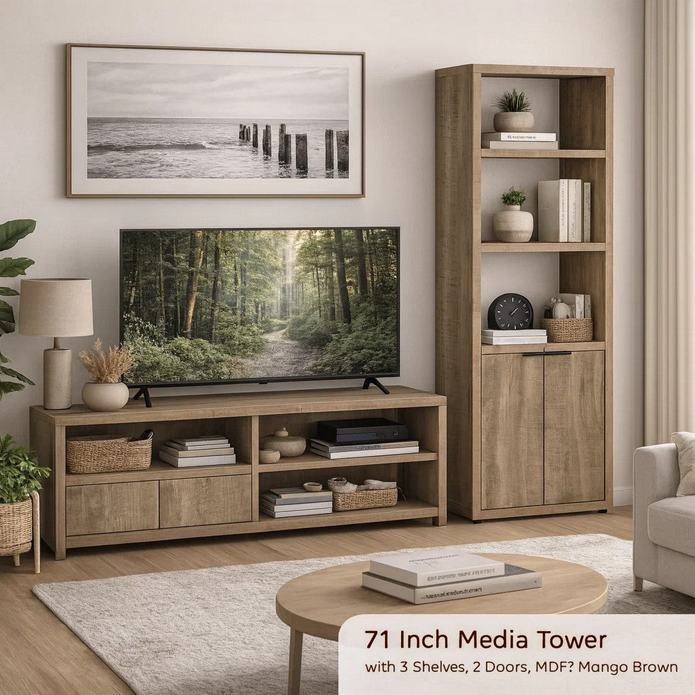 Tag 71 Inch Media Tower with 3 Shelves, 2 Doors, MDF Wood, Mango Brown - BM309153