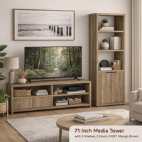 Tag 71 Inch Media Tower with 3 Shelves, 2 Doors, MDF Wood, Mango Brown - BM309153