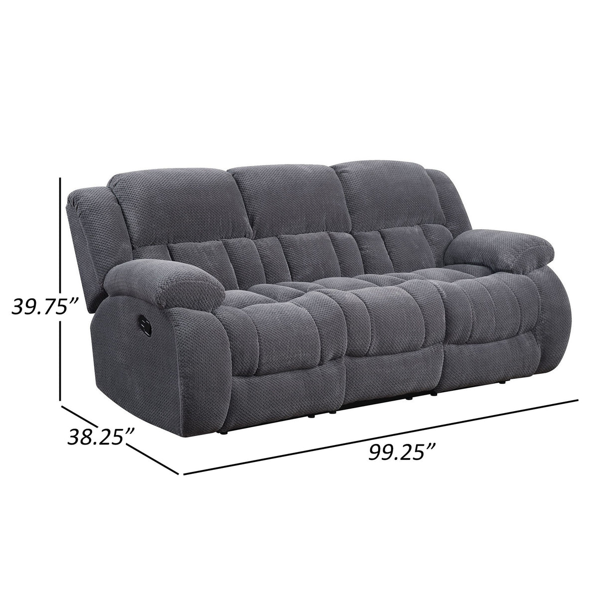 Jak 99 Inch Sofa, Power Recliner, Padded Backrest, Charcoal Gray Fabric