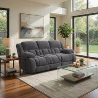 Jak 99 Inch Sofa, Power Recliner, Padded Backrest, Charcoal Gray Fabric