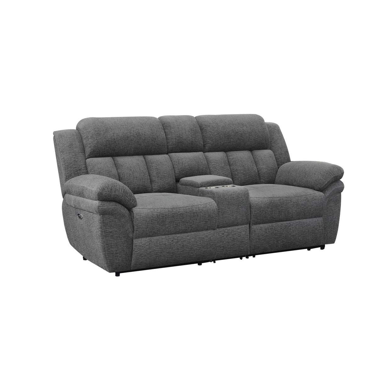 Jak 86 Inch Loveseat, Power Recliner, Padded Back, Charcoal Gray Fabric