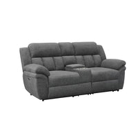 Jak 86 Inch Loveseat, Power Recliner, Padded Back, Charcoal Gray Fabric