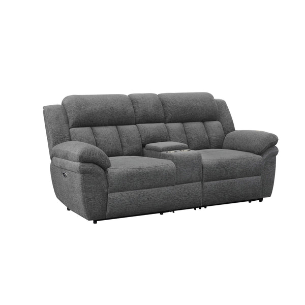 Jak 86 Inch Loveseat, Power Recliner, Padded Back, Charcoal Gray Fabric