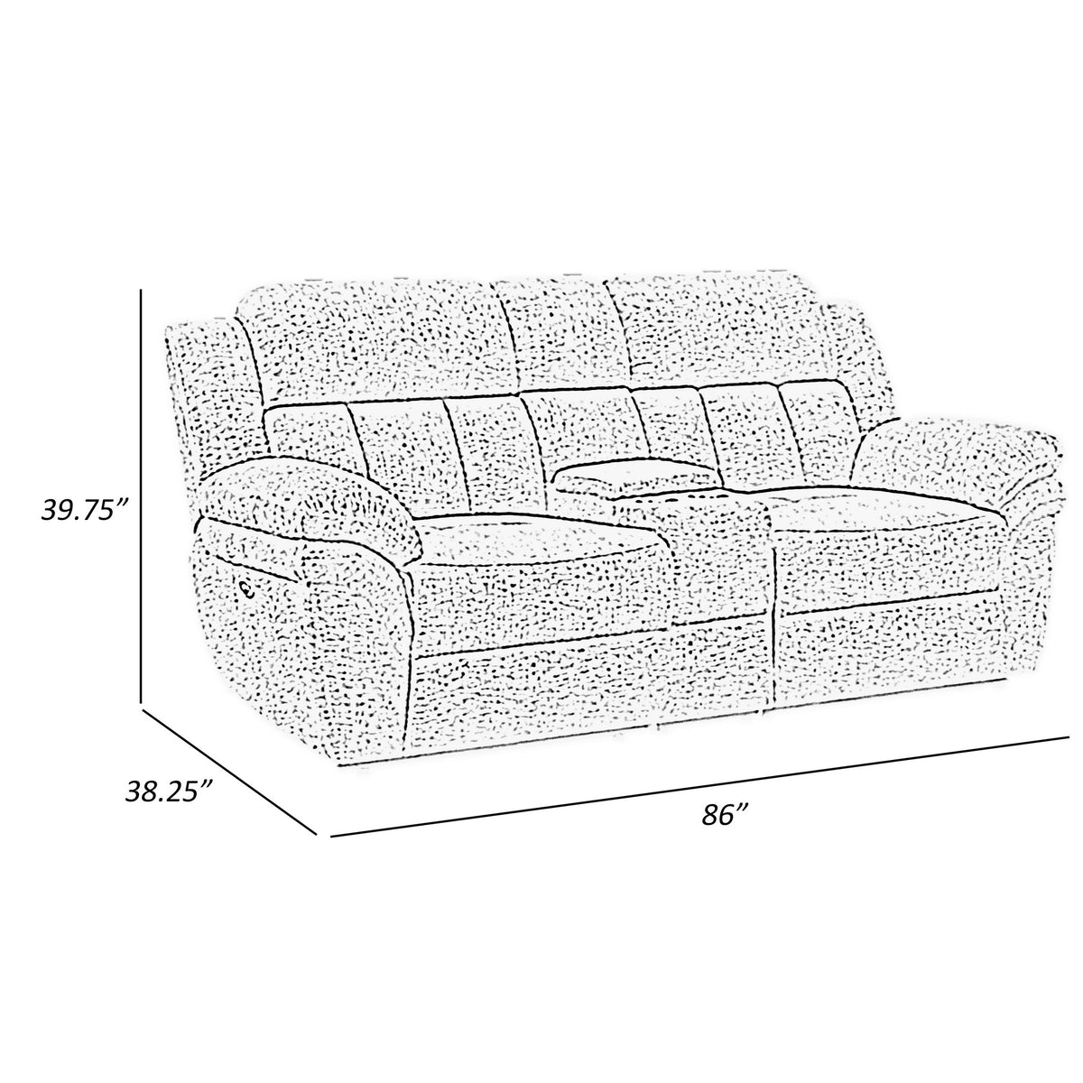 Jak 86 Inch Loveseat, Power Recliner, Padded Back, Charcoal Gray Fabric