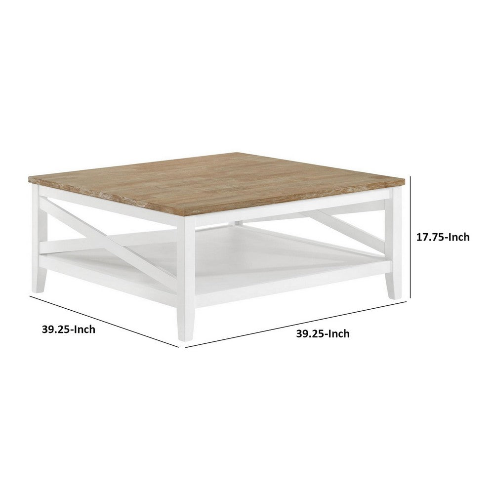 Maise 39 Inch Coffee Table, Rustic Wire Brushed Wood Top, Brown and White - BM309177