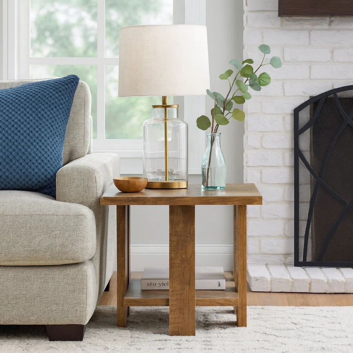 Dew 24 Inch Side End Table with Lower Shelf, Engineered Wood, Mango Brown  - BM309179