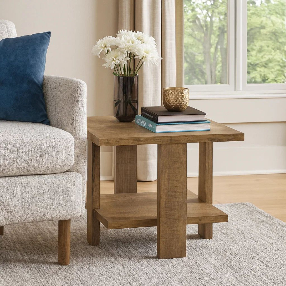 Dew 24 Inch Side End Table with Lower Shelf, Engineered Wood, Mango Brown  - BM309179
