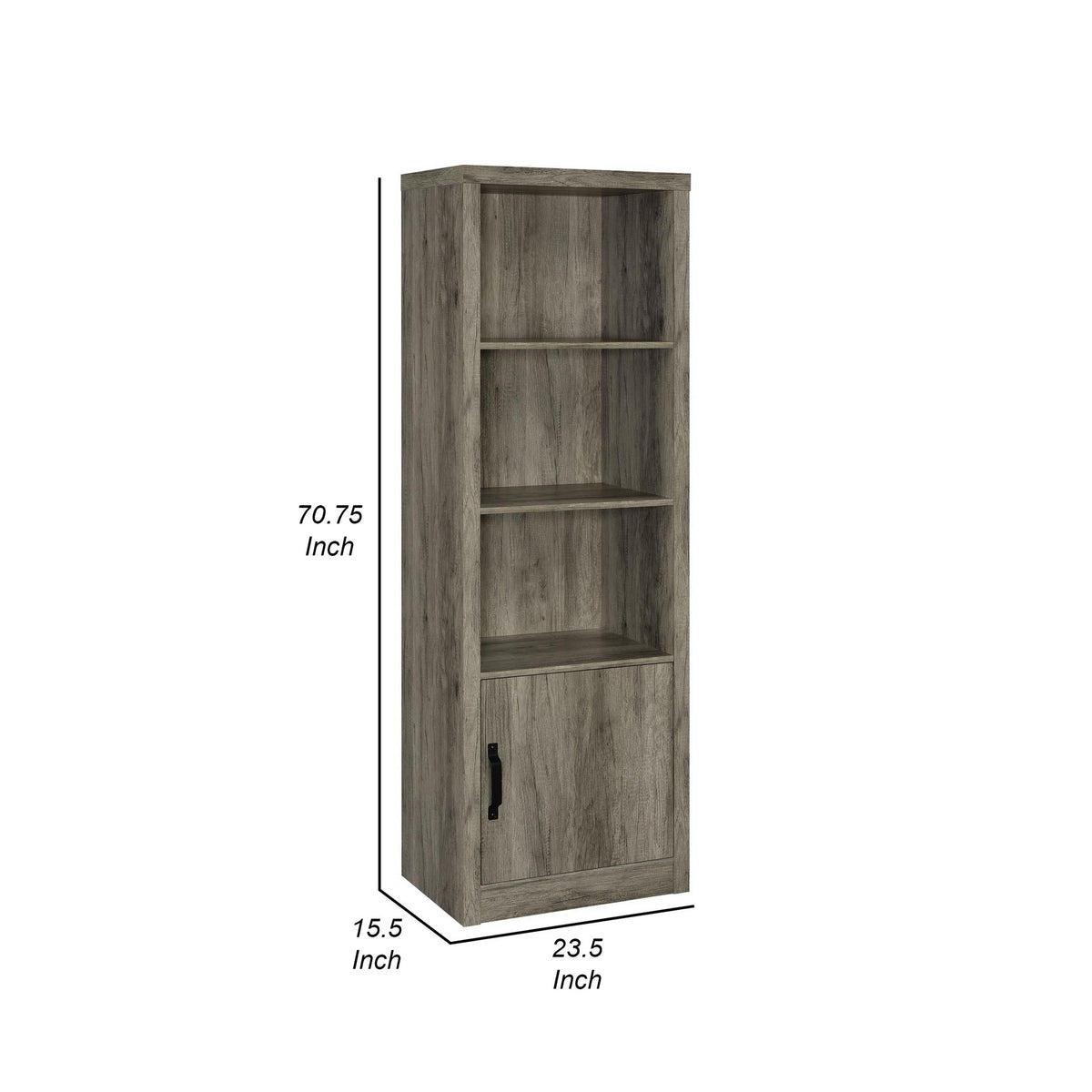 Sac 71 Inch Media Pier Tower with 3 Shelves and Single Cabinet, Gray Wood  - BM309186