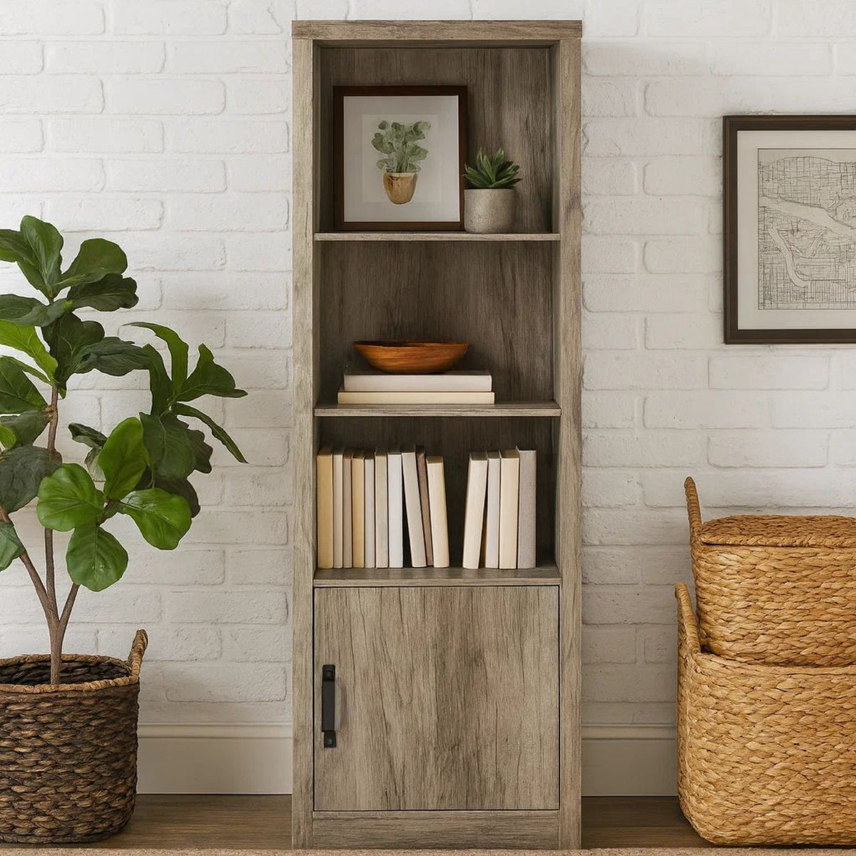 Sac 71 Inch Media Pier Tower with 3 Shelves and Single Cabinet, Gray Wood  - BM309186