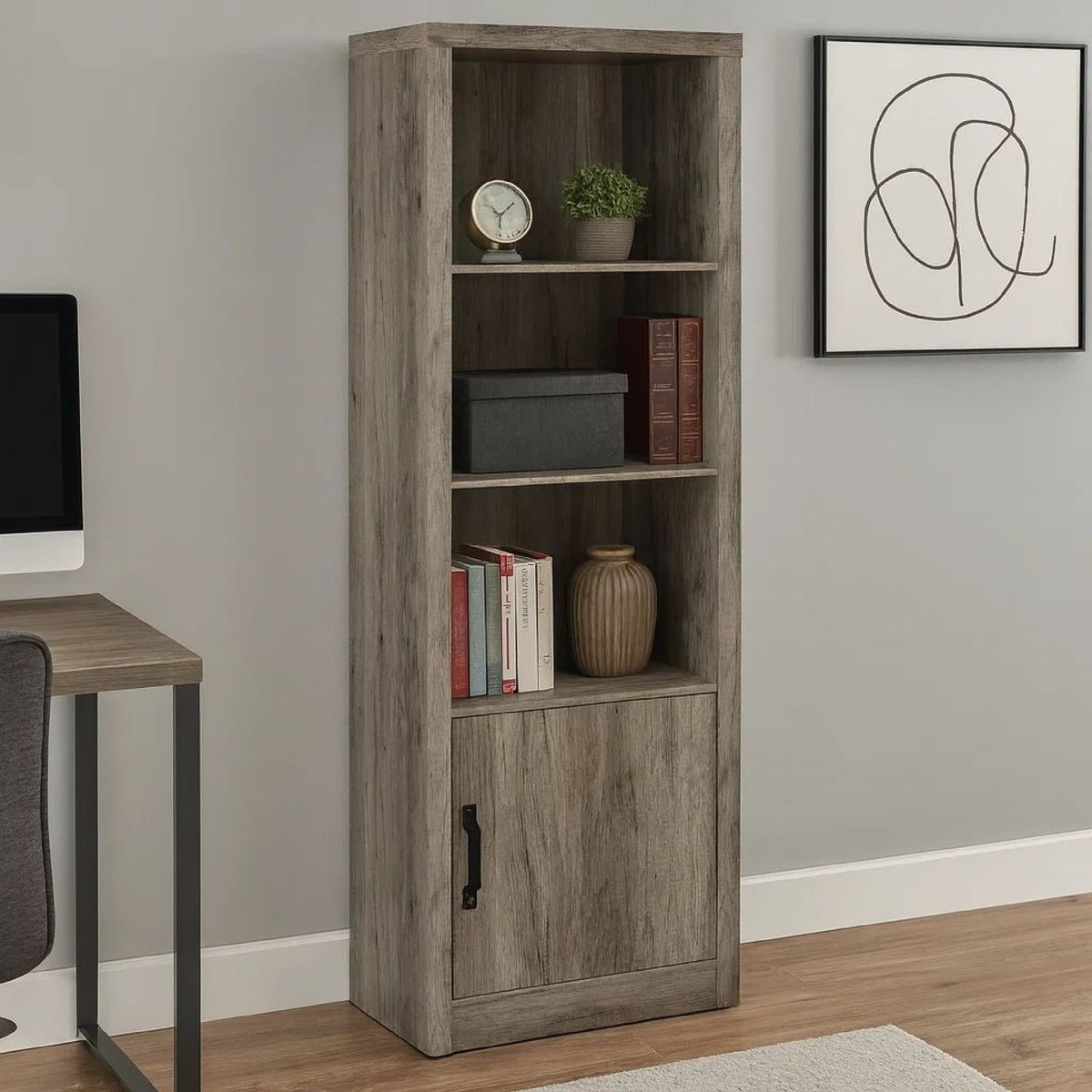 Sac 71 Inch Media Pier Tower with 3 Shelves and Single Cabinet, Gray Wood  - BM309186