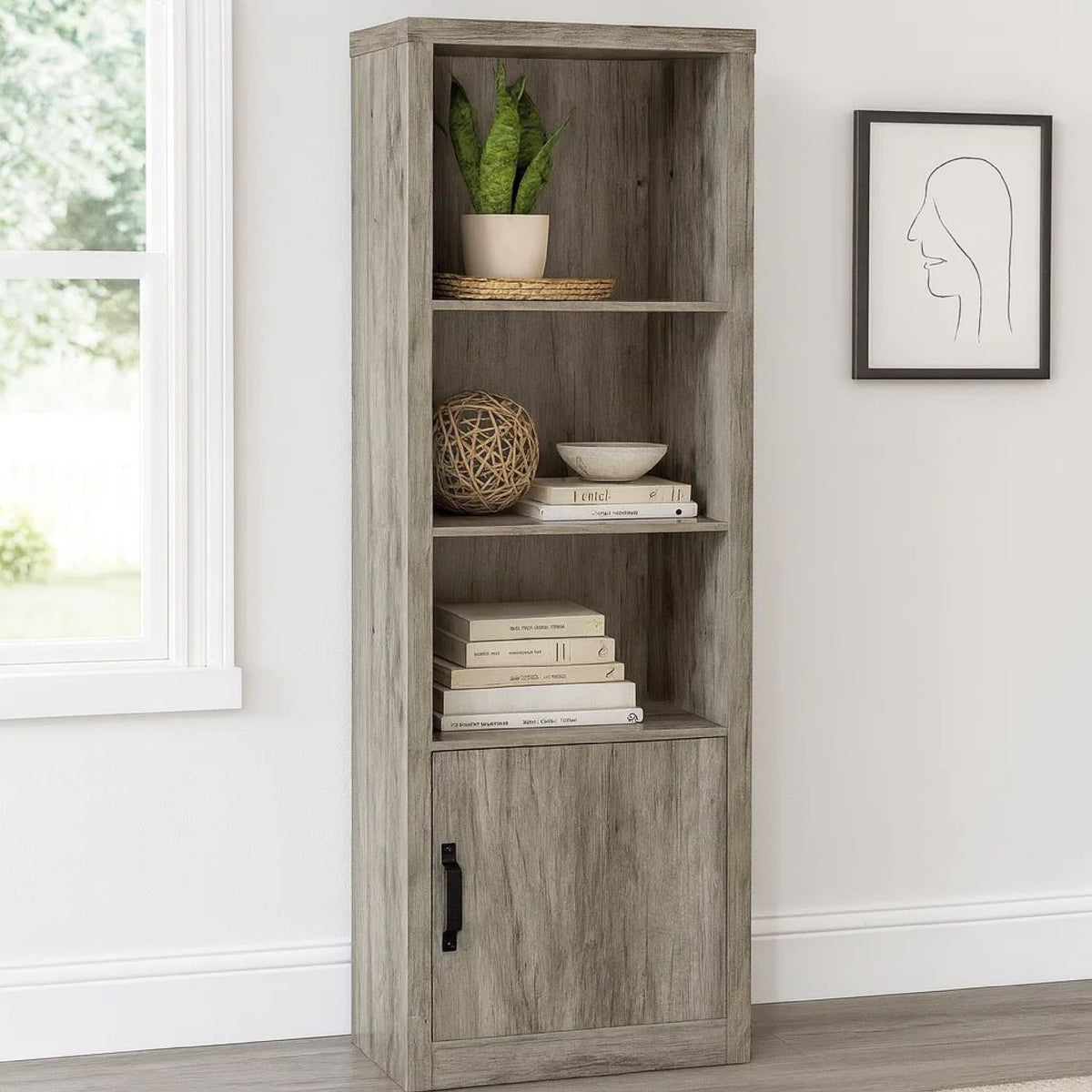 Sac 71 Inch Media Pier Tower with 3 Shelves and Single Cabinet, Gray Wood  - BM309186