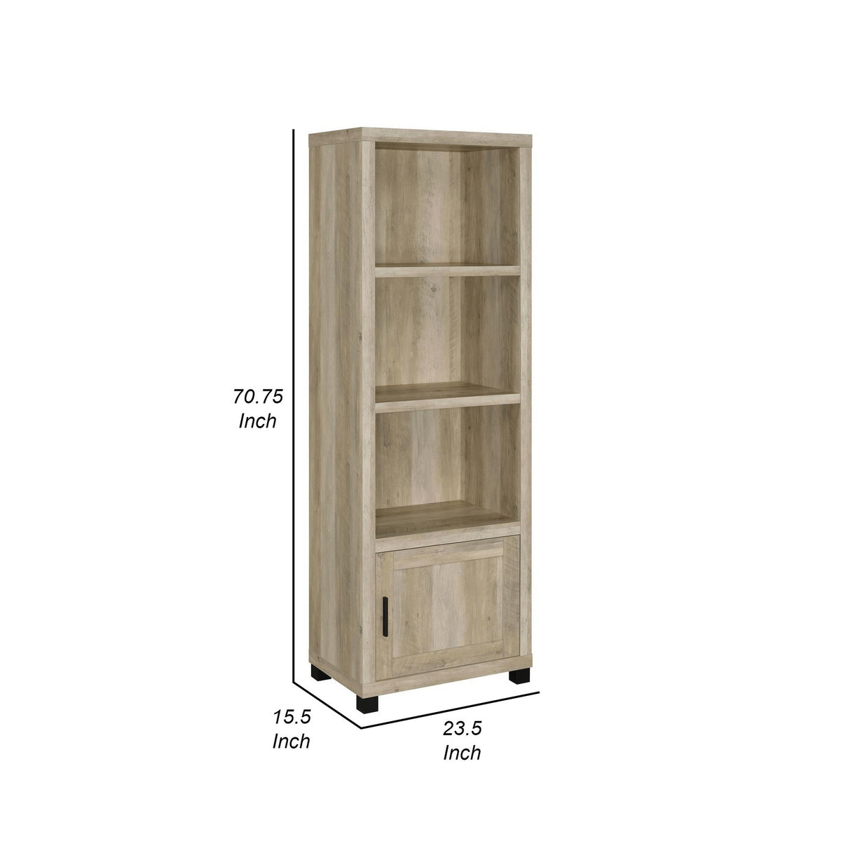 Sac 71 Inch Media Pier Tower with 3 Shelves and Cabinet, Antique Pine Wood  - BM309187