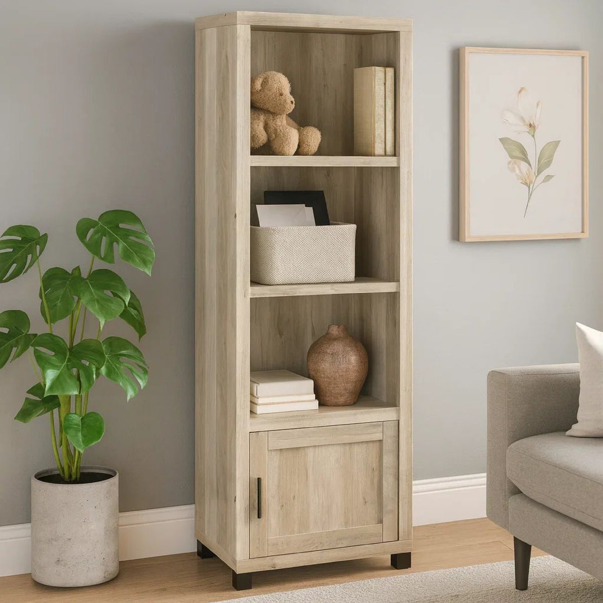 Sac 71 Inch Media Pier Tower with 3 Shelves and Cabinet, Antique Pine Wood  - BM309187