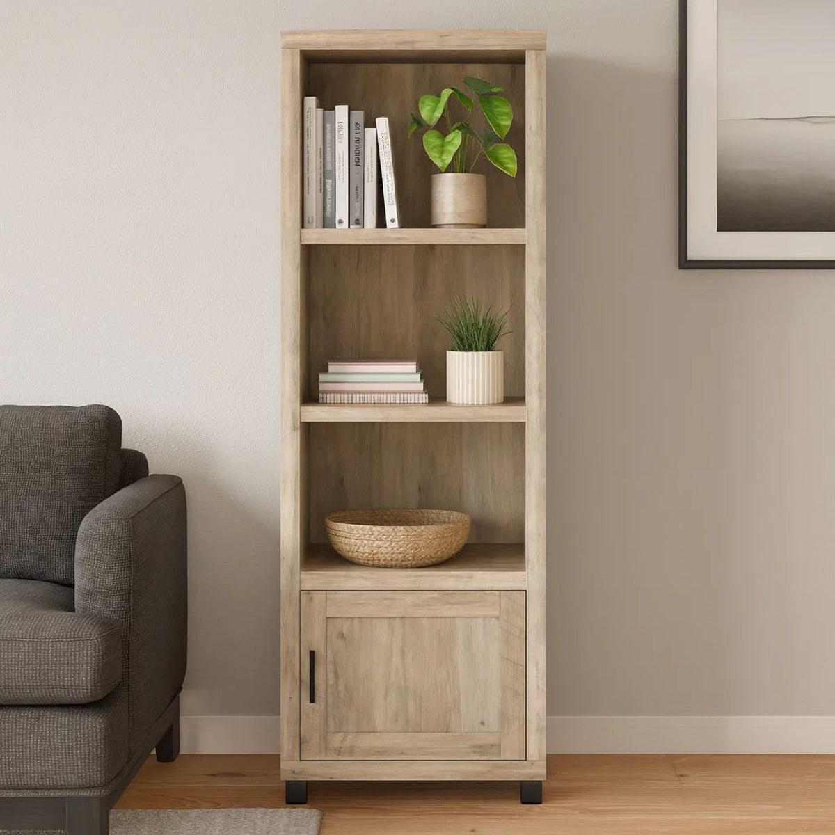 Sac 71 Inch Media Pier Tower with 3 Shelves and Cabinet, Antique Pine Wood  - BM309187