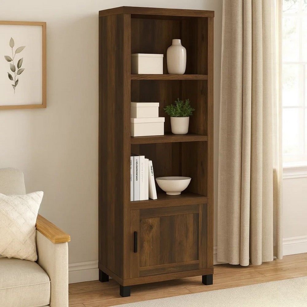 Sac 71 Inch Media Pier Tower with 3 Shelves and Cabinet, Dark Pine Wood - BM309188