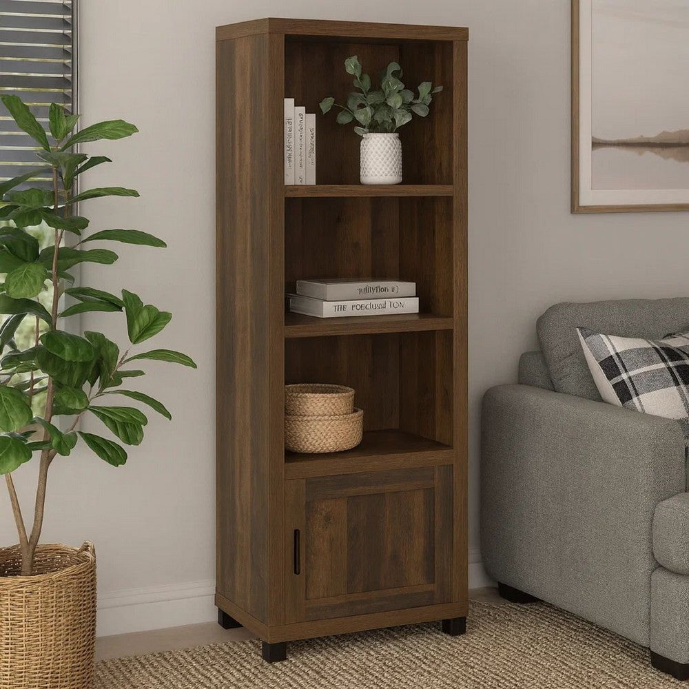 Sac 71 Inch Media Pier Tower with 3 Shelves and Cabinet, Dark Pine Wood - BM309188