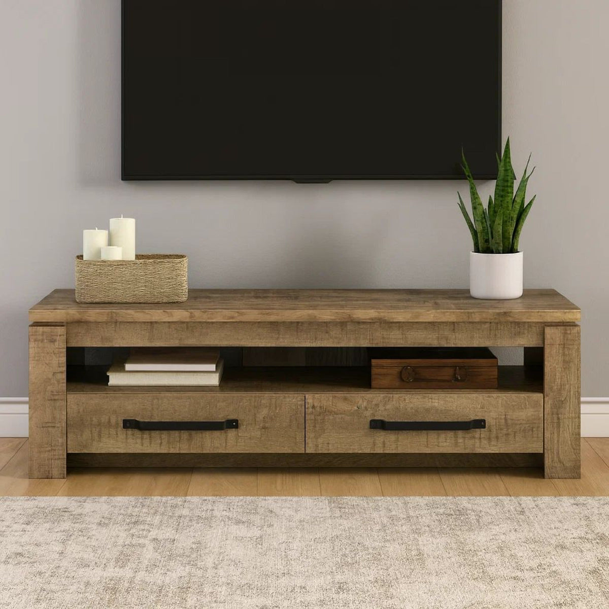 59 Inch TV Media Entertainment Console with 2 Drawers, Warm Wood Brown-BM309190
