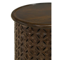 Kyra 18 Inch Round Side Table, Ornate Lattice Carving, Mango Wood, Brown  - BM309201