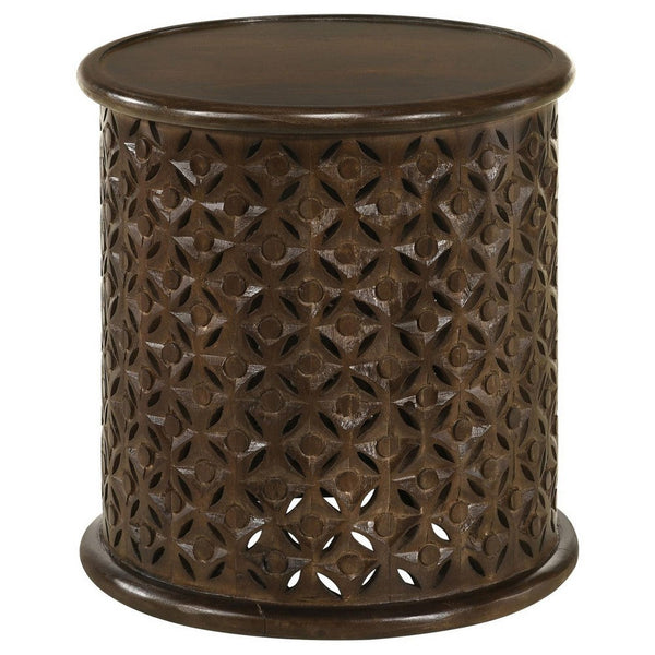 Kyra 18 Inch Round Side Table, Ornate Lattice Carving, Mango Wood, Brown  - BM309201