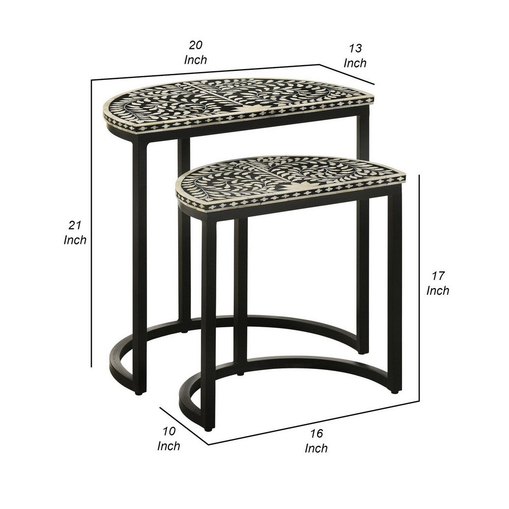 2 Piece Nesting End Tables with Half Moon Tabletops, Bone Inlay, Black - BM309210