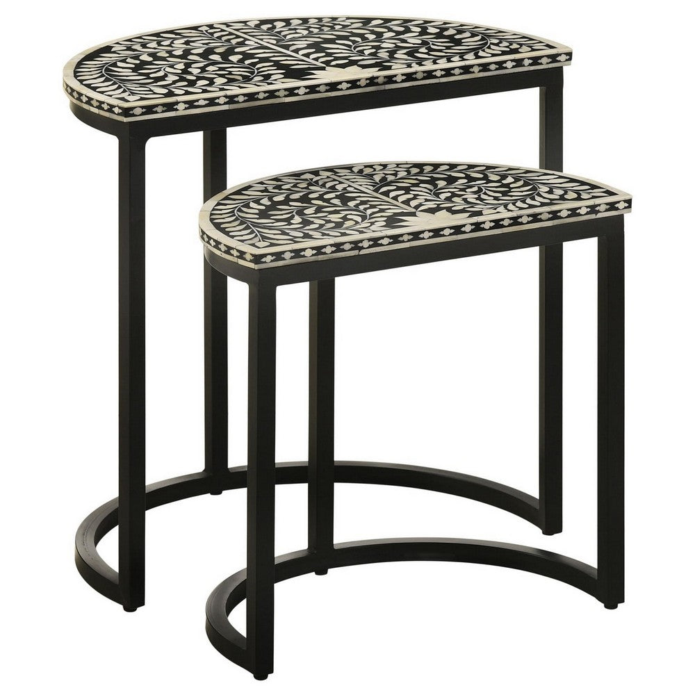 2 Piece Nesting End Tables with Half Moon Tabletops, Bone Inlay, Black - BM309210