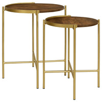 2 Piece Round Nesting Tables, Gold Iron, Modern Mango Wood, Warm Brown - BM309212