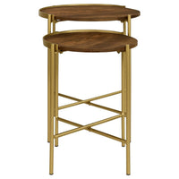 2 Piece Round Nesting Tables, Gold Iron, Modern Mango Wood, Warm Brown - BM309212