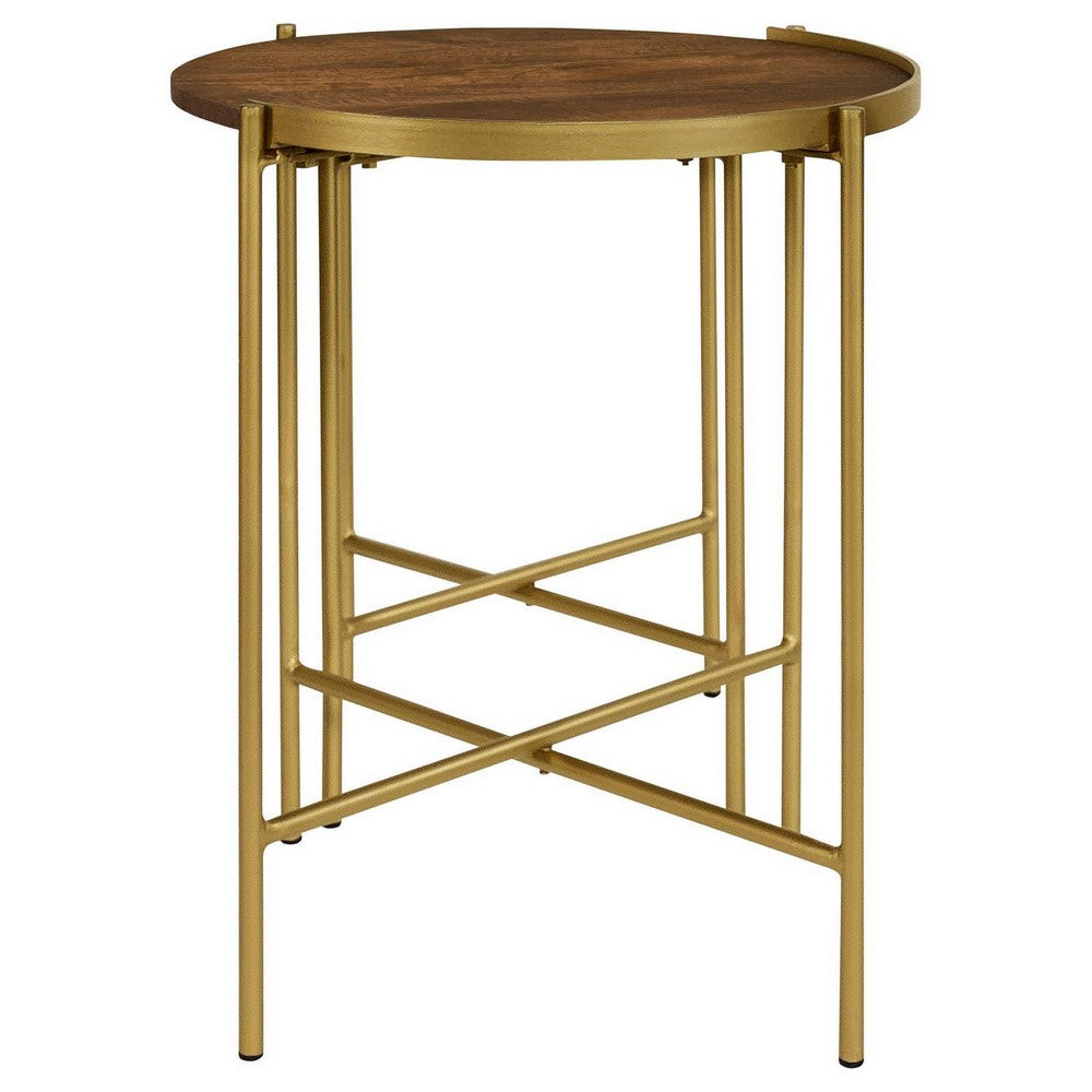 2 Piece Round Nesting Tables, Gold Iron, Modern Mango Wood, Warm Brown - BM309212