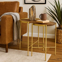 2 Piece Round Nesting Tables, Gold Iron, Modern Mango Wood, Warm Brown - BM309212