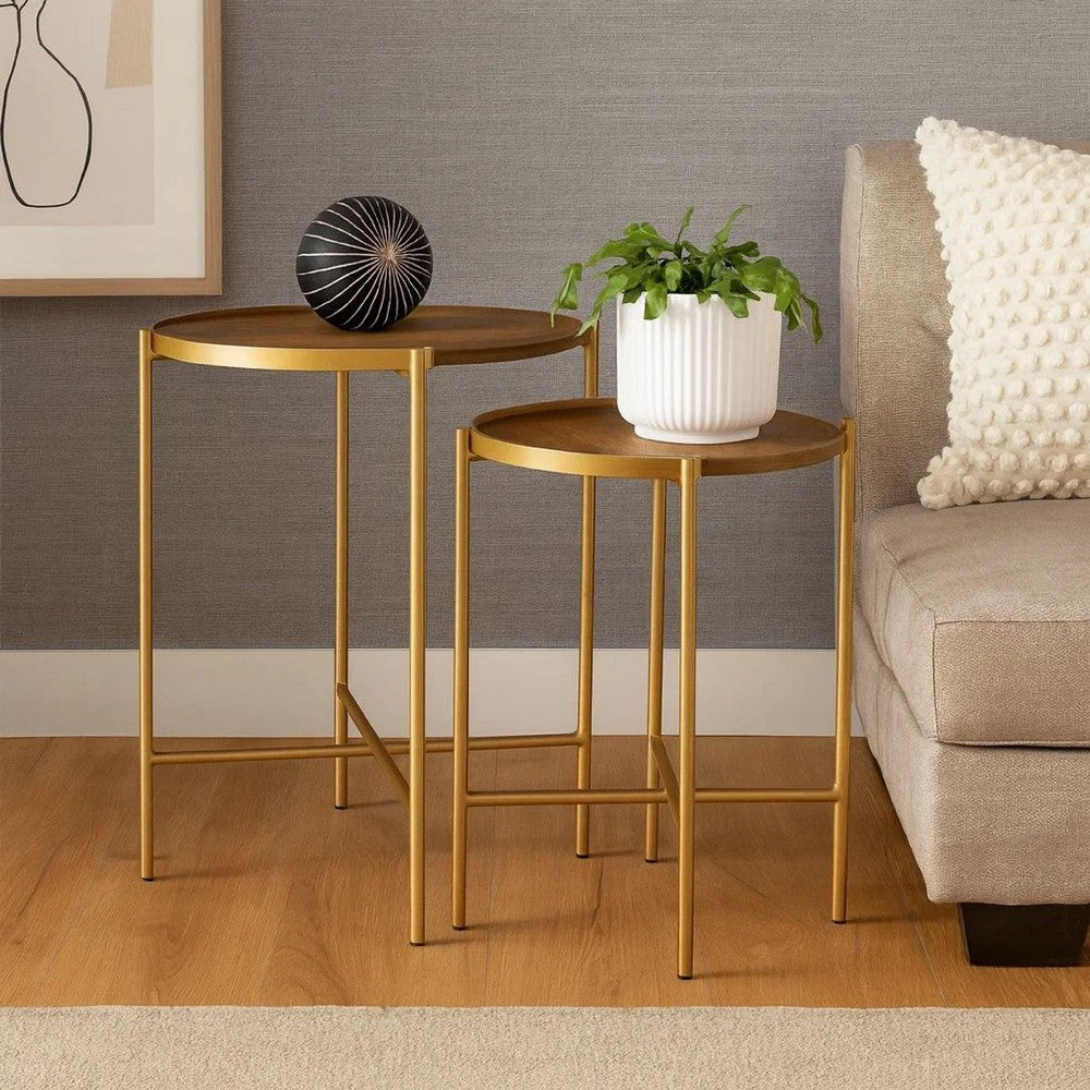 2 Piece Round Nesting Tables, Gold Iron, Modern Mango Wood, Warm Brown - BM309212