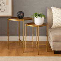 2 Piece Round Nesting Tables, Gold Iron, Modern Mango Wood, Warm Brown - BM309212