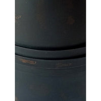 22 Inch Side Table with Round Iron Top, Distressed Black Cylinder Drum - BM309213