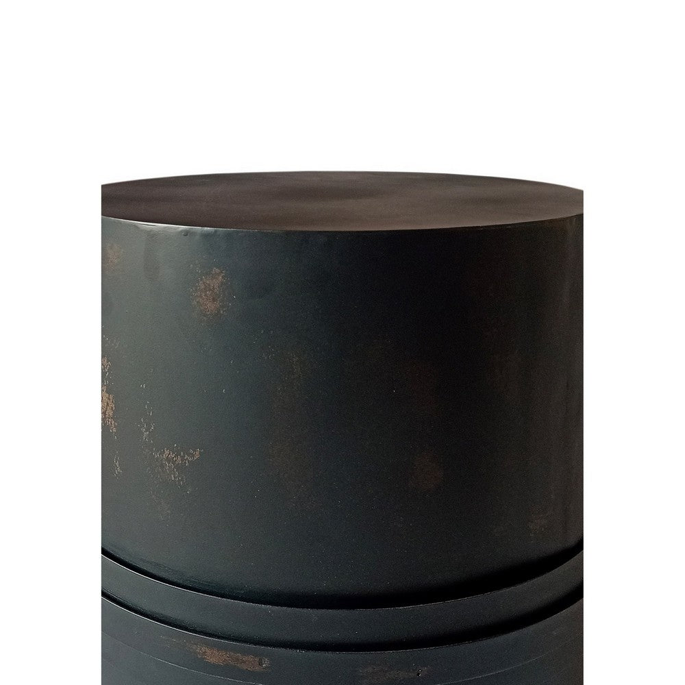 22 Inch Side Table with Round Iron Top, Distressed Black Cylinder Drum - BM309213