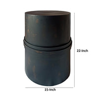 22 Inch Side Table with Round Iron Top, Distressed Black Cylinder Drum - BM309213