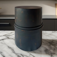 22 Inch Side Table with Round Iron Top, Distressed Black Cylinder Drum - BM309213