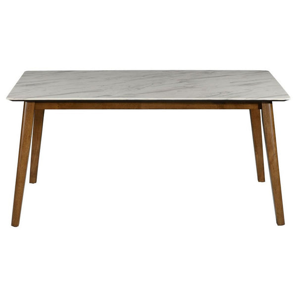 63 Inch Dining Table, Faux Marble Finish, Asian Hardwood, Light Brown  - BM309233