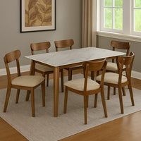 63 Inch Dining Table, Faux Marble Finish, Asian Hardwood, Light Brown  - BM309233